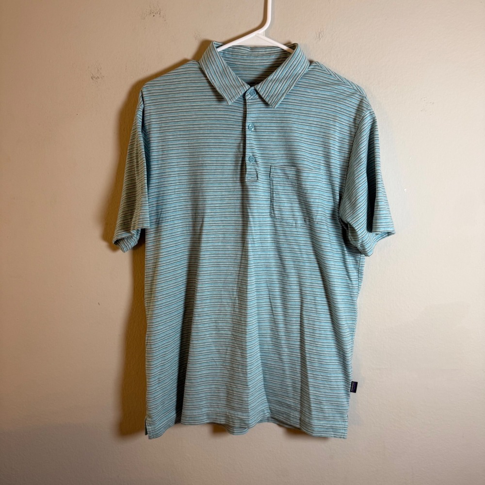Patagonia Mens Organic‎ Cotton Striped Polo Shirt Blue Grey Short Sleeve Size M